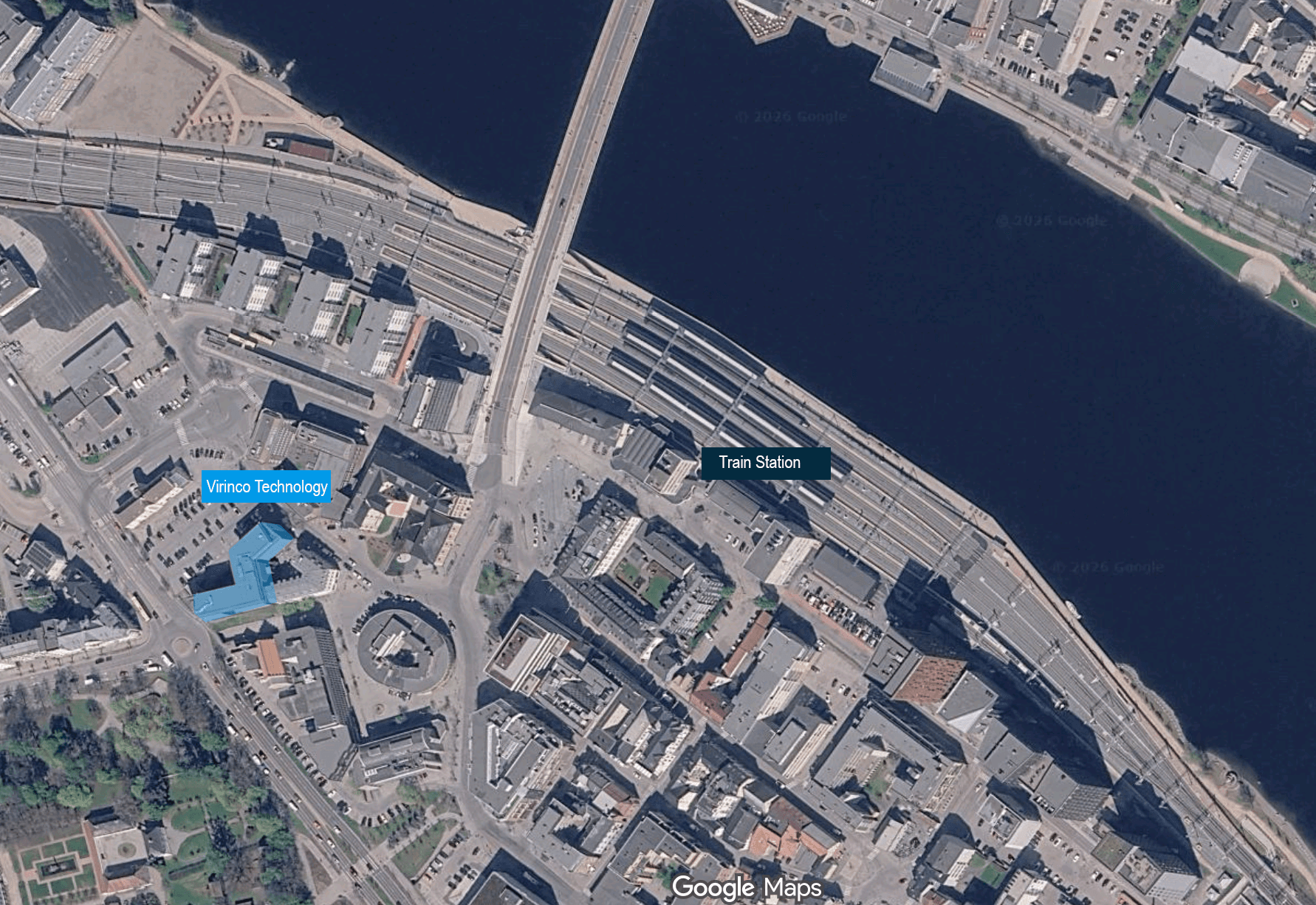 Aerial view of central Drammen showing Virinco Technology's office, near Drammen train station