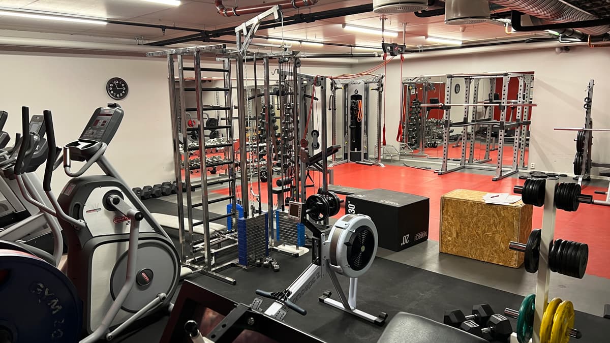 The shared gym at Grønland 1, with strength and cardio equipment.