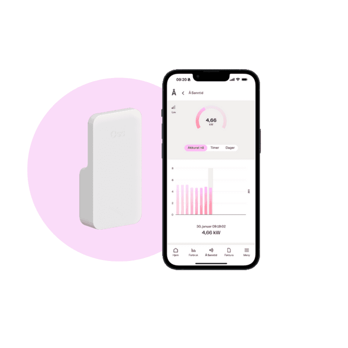 The Oss Device energy monitor beside its mobile app, showing real-time electricity consumption.