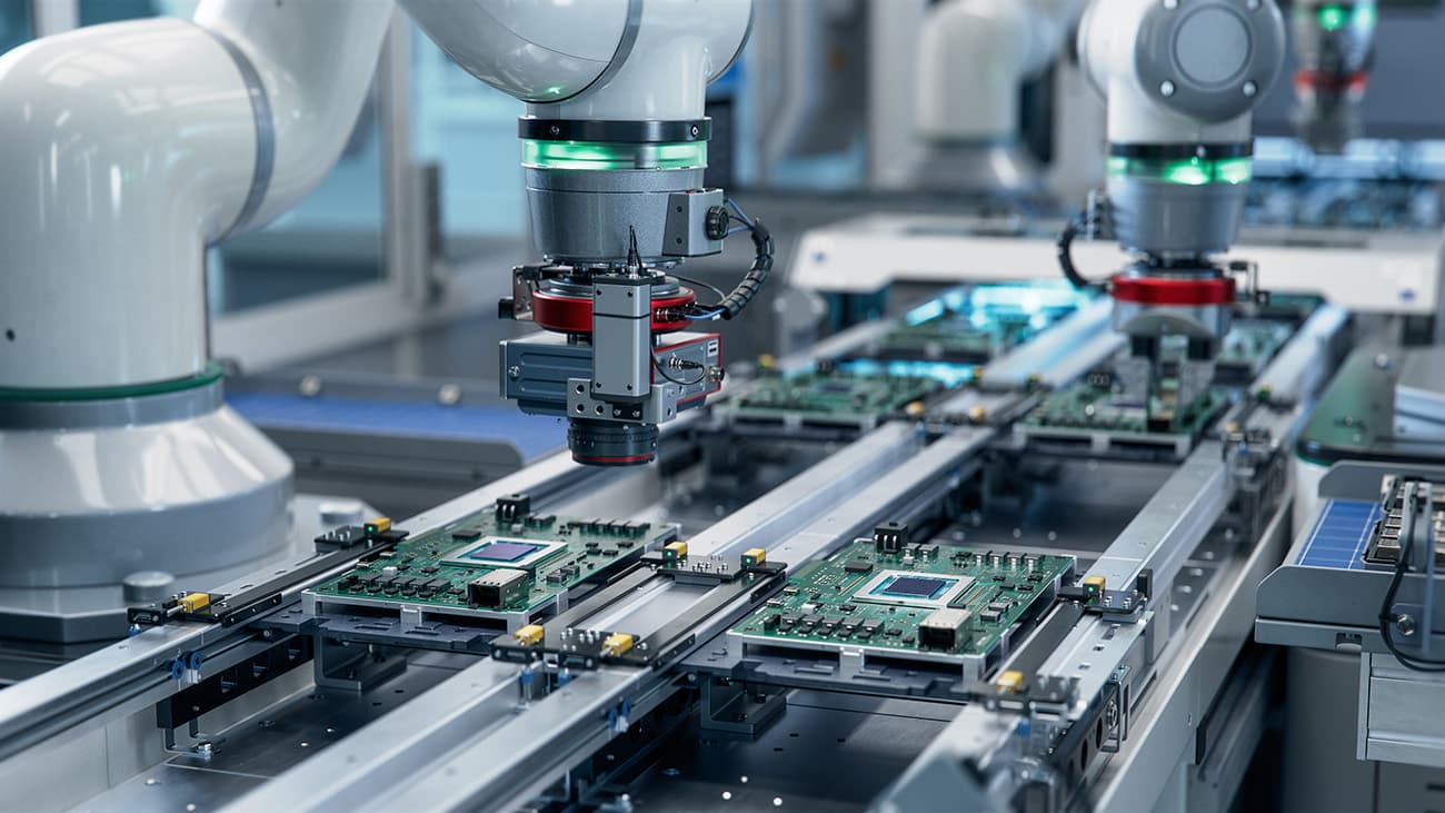 Robotic arms placing circuit boards on an automated production line, with populated boards moving along the conveyor.