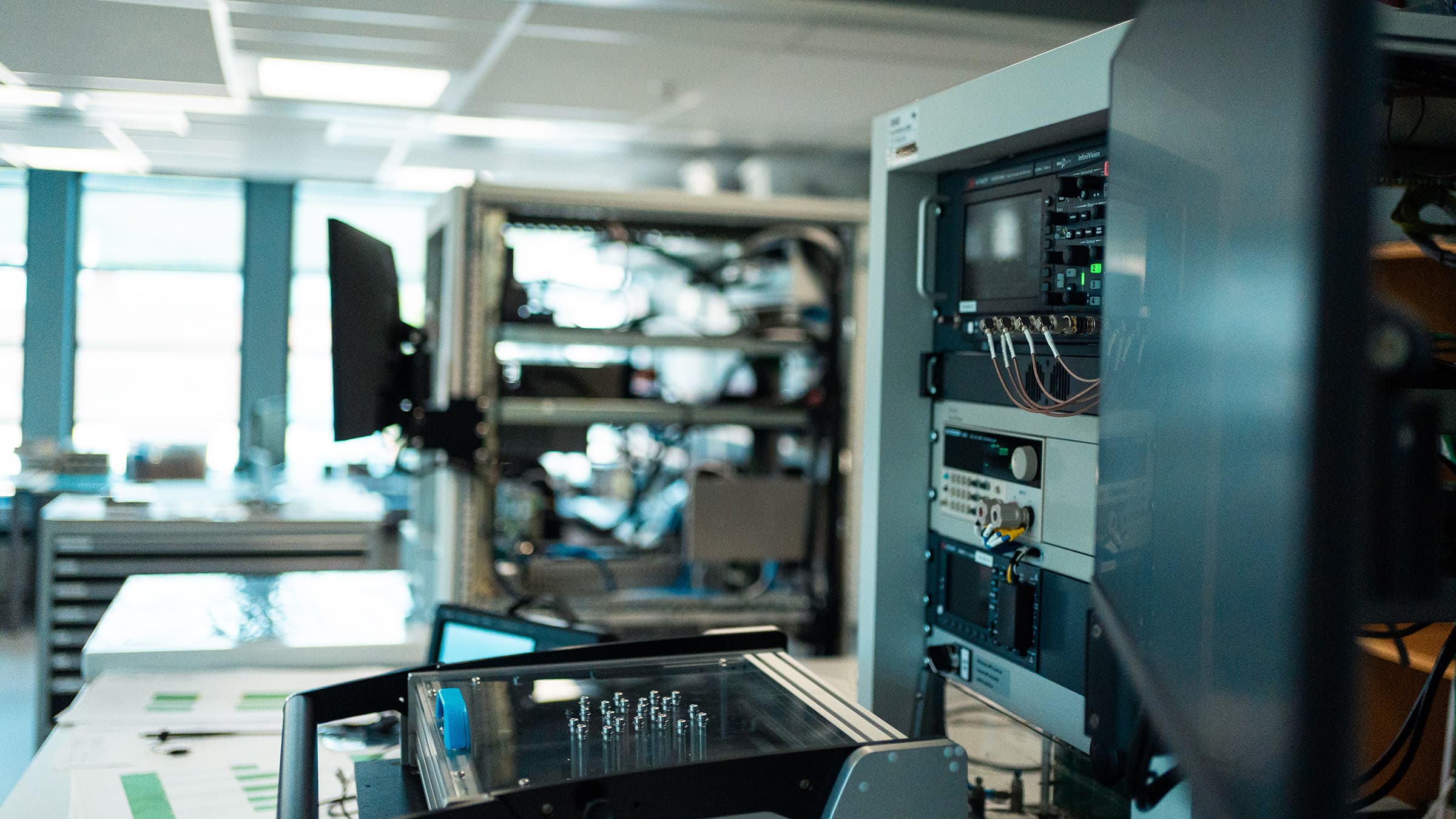 Test rack and production test equipment in Virinco's lab.