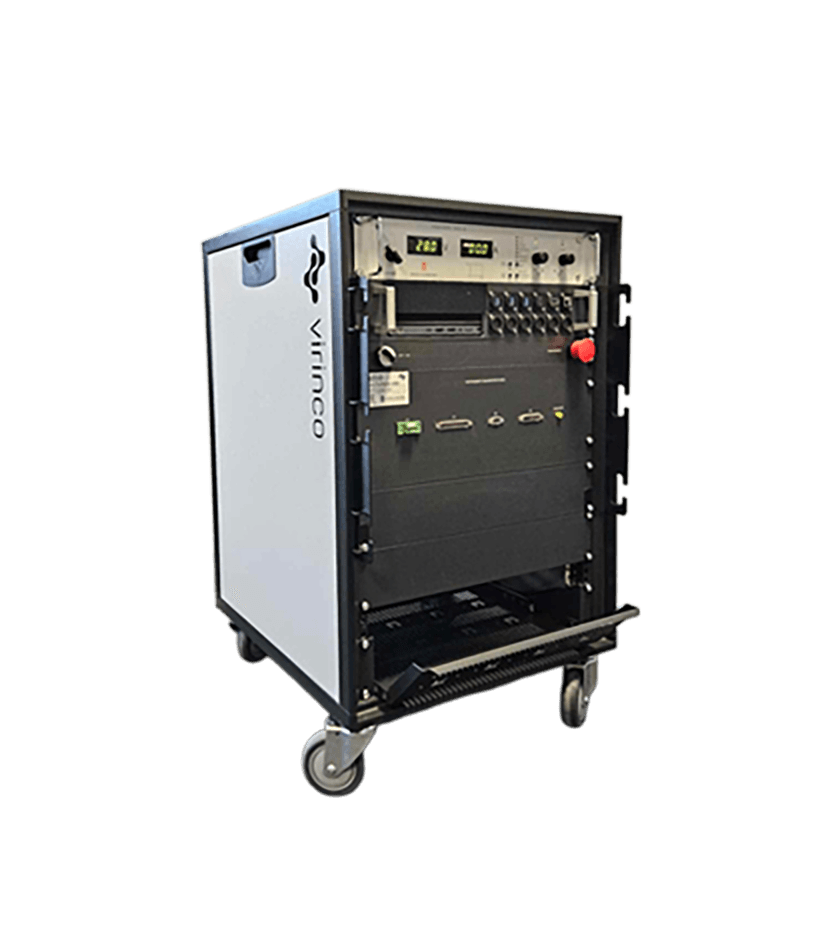 The Virinco Test Platform 1000 instrument rack on castors, front panel and connector bay visible.