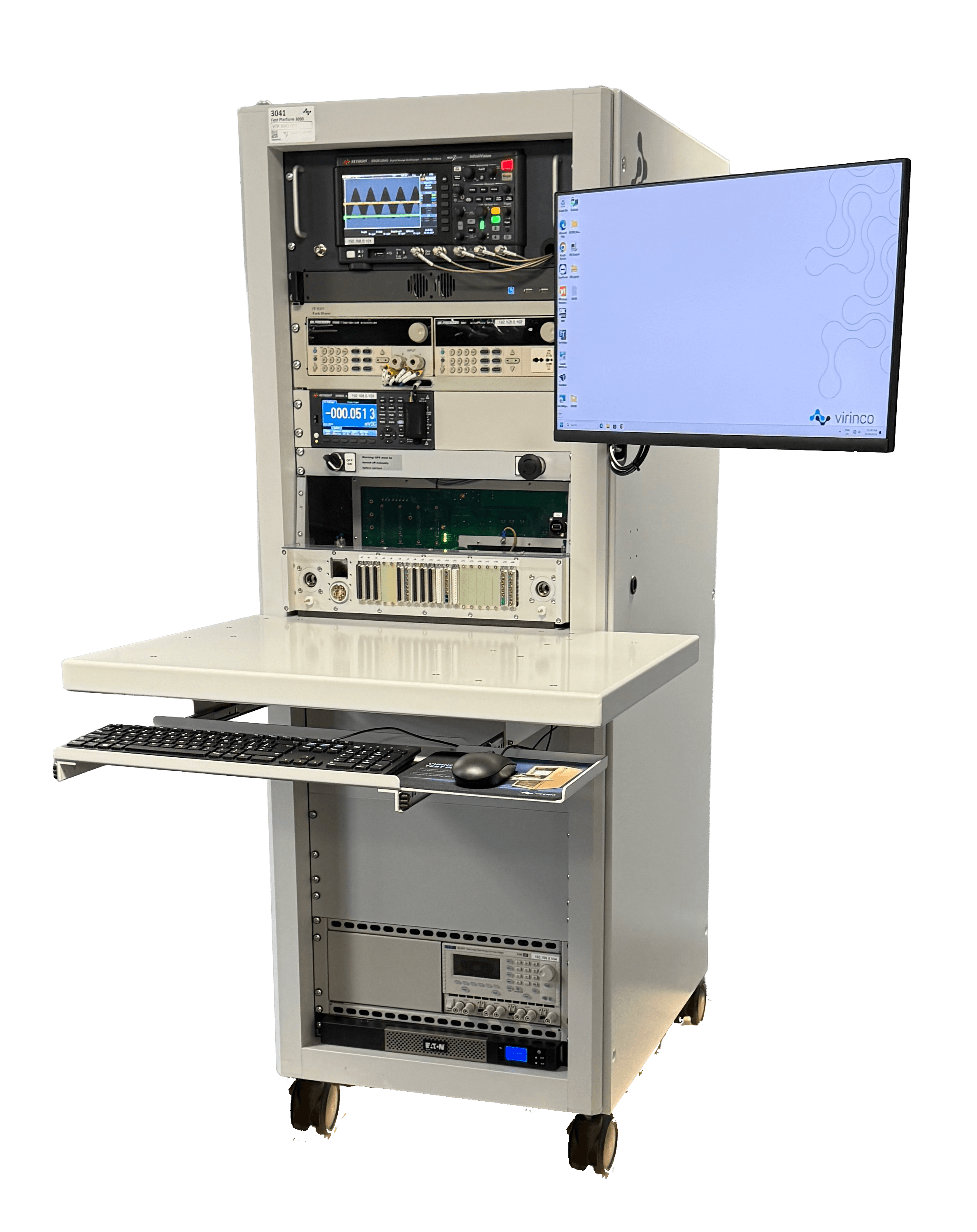 The Virinco Test Platform 3000 instrument rack, front panel and monitor arm visible.