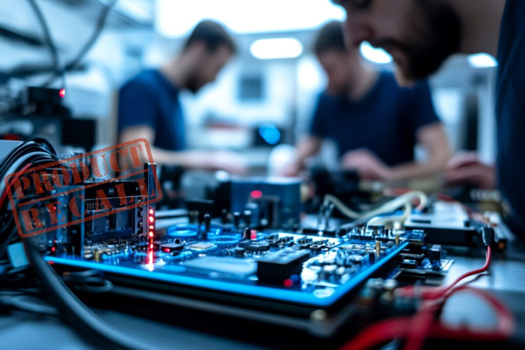 R&D engineers reviewing electronic product design in lab