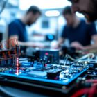 R&D engineers reviewing electronic product design in lab
