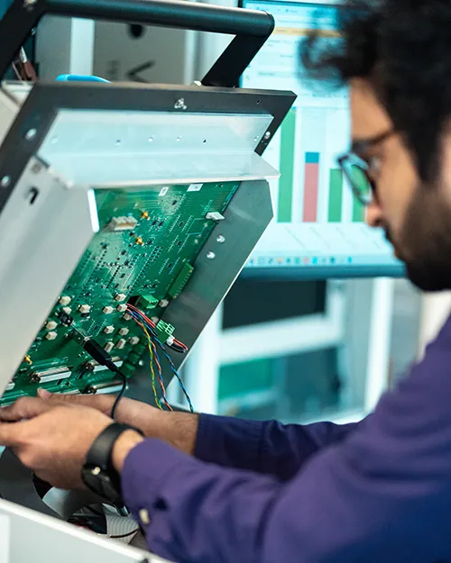 Custom test fixture integrated with the Virinco Test Platform for electronics production test